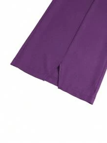 TaskEZ 2pcs Women Healthcare Uniform - Solid Color V-Neck Blouse & Slit Long Pants, Scrub Sets - Purple - View 5