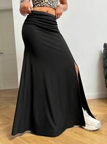 SHEIN EZwear Women's Fall/Winter Y2K Coachella  Music Festival Sexy Fashion Rib Knit Stretchy Pleated High Split Comfy Black Mid Rise Maxi Skirt For Halloween Party And New Year Eve
