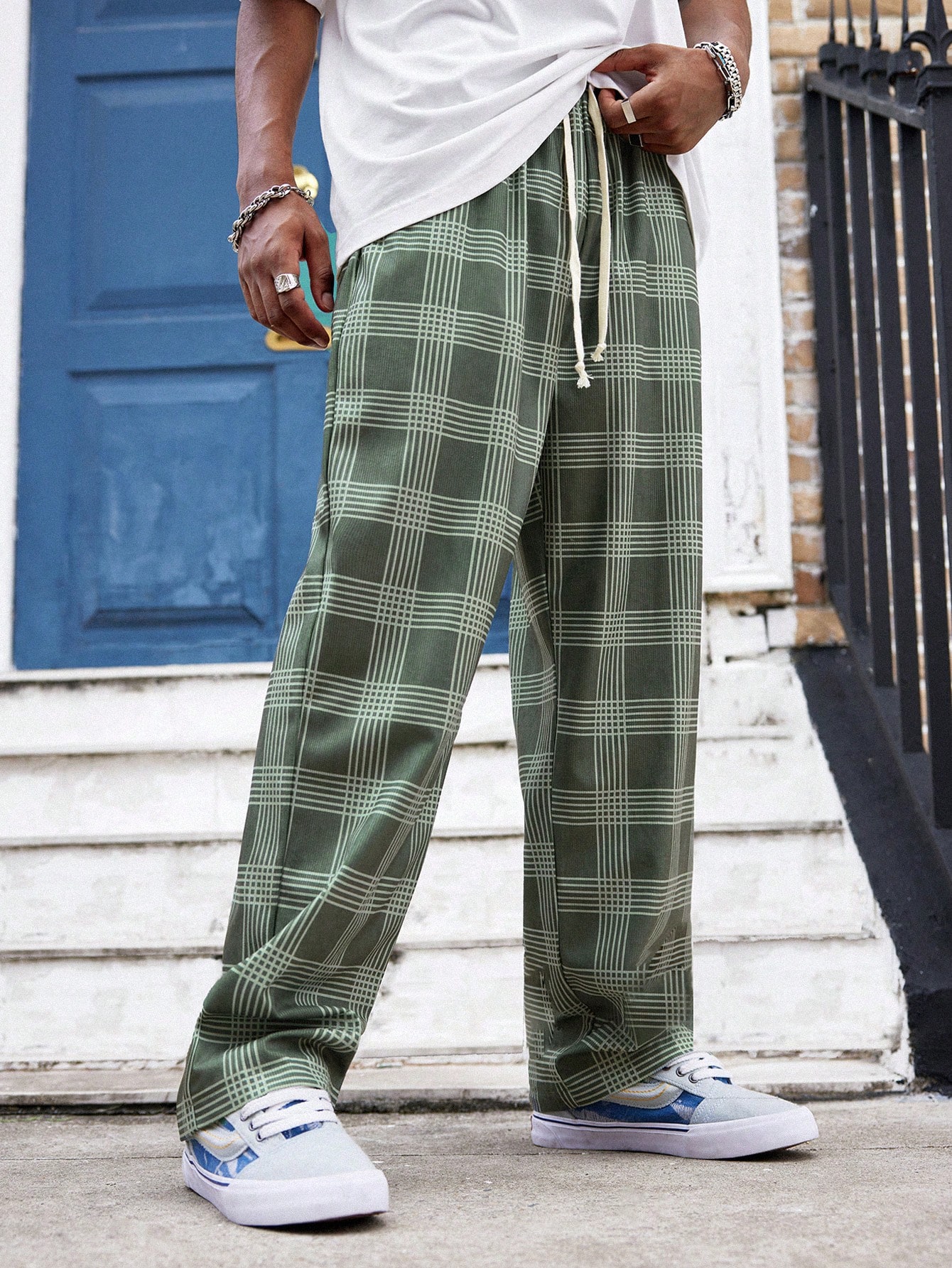 Manfinity Dauomo Men's Loose Corduroy Plaid Sports Pants With Pockets, Drawstring Waist, Casual Trousers For Outdoor Activities, Gift