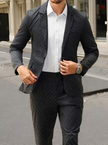 Manfinity Mode 2pcs/Set Men Single Breasted Long Sleeve Blazer & Pocket Trousers Suit - Black - View 4