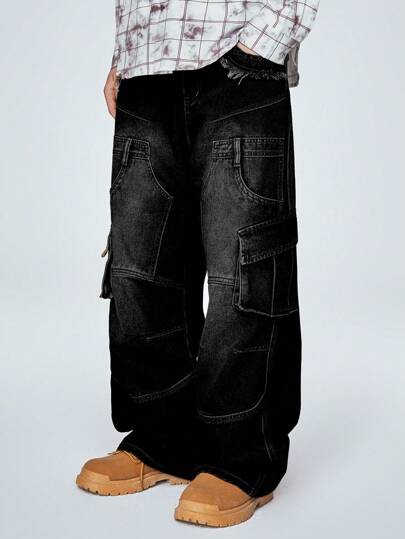 Grunge Punk Jeans vaqueros simples de botones delanteros con bolsillos y dobladillo crudo para uso diario casual, estilo abuelo