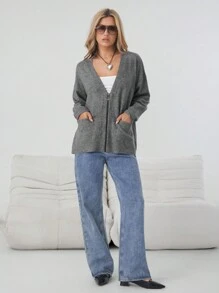 Easelle 女式宽松落肩长袖开衫，带口袋，灰色，秋冬款 - 灰色 - 查看 4