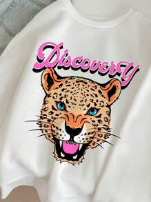 SHEIN Leap Crew Áo sweatshirt tay dài cổ tròn dày dặn, dáng rộng, tối giản, họa tiết hổ cổ điển, thích hợp cho bé gái tuổi teen, phù hợp mùa thu/đông. - trắng - Xem 3