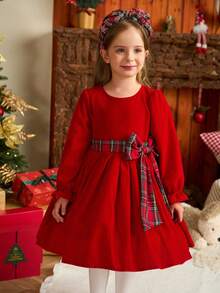 Glamorique Kids 圣诞红色儿童派对礼服，生日派对花童礼服，天鹅绒舒适连衣裙，派对表演服儿童派对礼服 - 紅色 - 查看 4