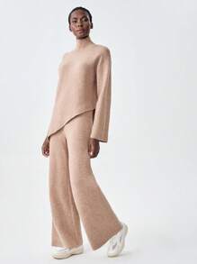 Chiquease Set de 2 piezas de pantalones rectos con bajo asimétrico y suéter para mujer, apto para otoño/invierno - Caqui - Ver 4