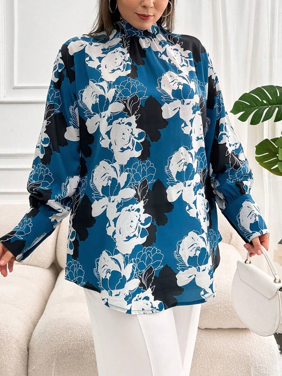 RueChic Plus Size Women's Floral Print Long Sleeves High Collar Blouse With Three Button Detailed Cuff - Green - View 1
