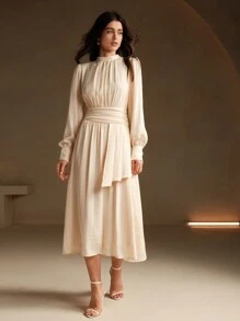 Anewsta Elegante vestido de mujer con mangas largas y cintura recogida en jacquard, atuendo de mujer largo para otoño