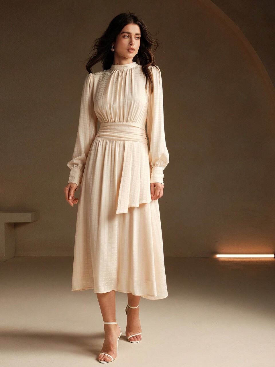 Elegant Jacquard Waist Cinched Long Sleeve Women Dress, Autumn Maxi Women Outfit