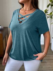 EMERY ROSE Plus Size Women Casual Solid Color Crisscross V-Neck Short Sleeve T-Shirt, Summer - Teal Blue - View 4