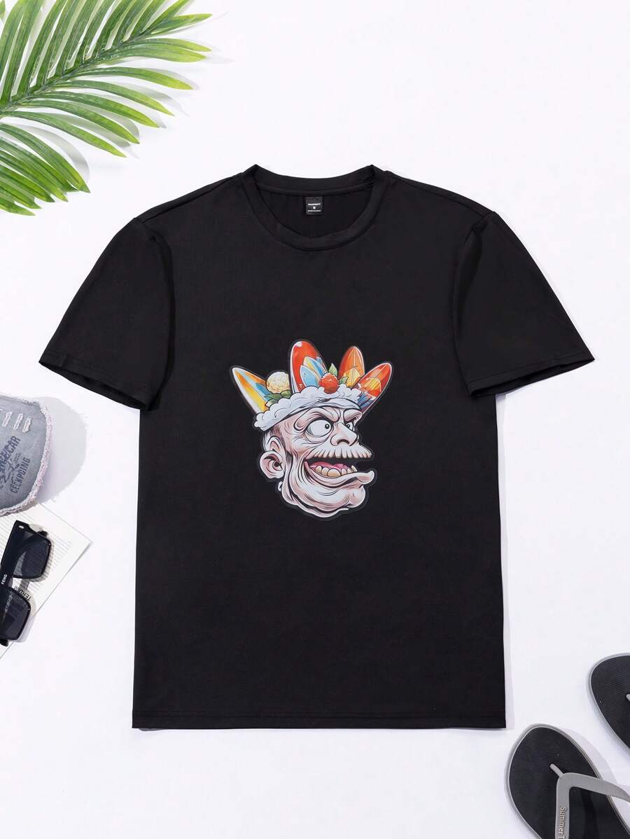 Manfinity Swimmode Men's Cartoon Print Crew Neck Short Sleeve Casual Surfing T-Shirt - Black - View 1