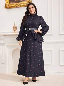 Modelyn Plus Size Bescheiden Standkraag Lange Mouw Bloemenprint Lange Arabische Jurk