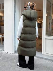 EURMUSE TIED-UP HOODED SNAPPED LONG ZIPPER VEST COAT - Khaki - View 2