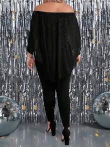 SHEIN CURVE+ 2pcs/Set Plus Size Women Off Shoulder Batwing Sleeve Asymmetrical Hem Loose Top & Skinny Pants - Black - View 2