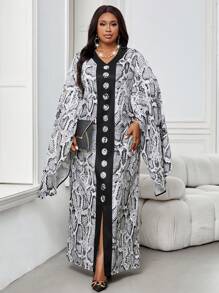 SHEIN Lady Vestido caftán de cuello en V recto con abertura en la manga, elegante, en negro tejido, para primavera, verano, otoño e invierno, de talla grande, vestido de diosa griega, vestido de leopardo, vestido formal, vestido para vacaciones