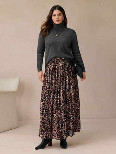 BizChic Plus Size Women Pleated Leopard Print Skirt, Casual Everyday Wear