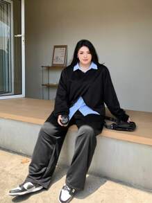 Dazy Plus Plus Size Asymmetrical Hem V-Neck Sweatshirt & Solid Color Casual Sweatpants 2 Pieces Set,Fall Clothes - Black - View 8