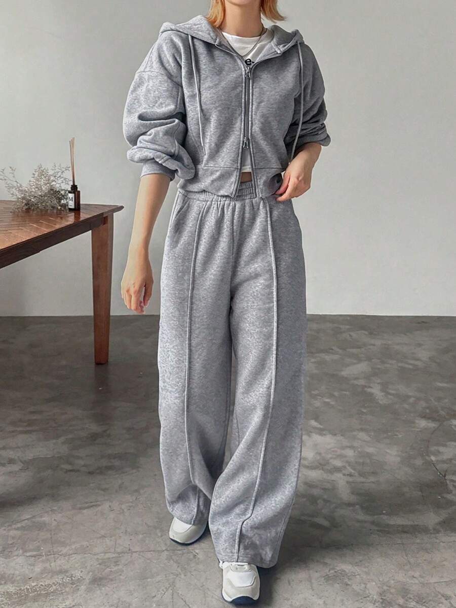 FRIFUL 2 件女士休闲套装 - 落肩拉链连帽衫和休闲裤，春秋季 - 灰色 - 查看 1