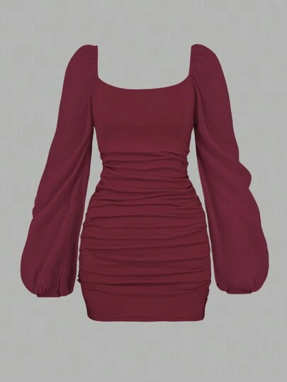 Chiquease 1pc Solid Color Round Neck Long Sleeve Ruched Hem Minimalist Short Casual Dress Burgundy Color Women Outfit Fall Cloth For Women