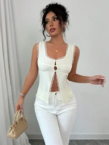 INAWLY Women's Lace Patchwork Simple Versatile Fitted Camisole For Autumn - Apricot - View 1