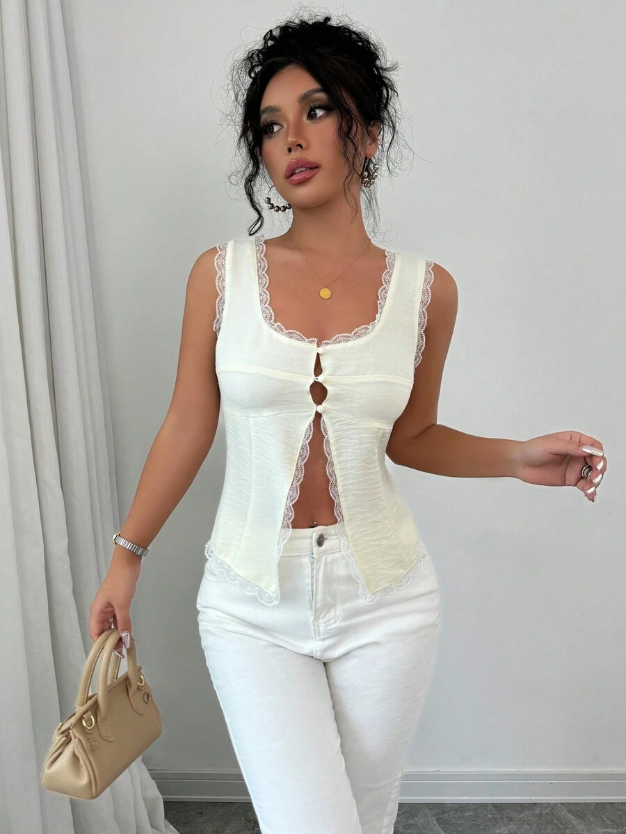 INAWLY Women's Lace Patchwork Simple Versatile Fitted Camisole For Autumn - Apricot - View 1