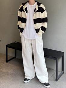 DAZY Chaqueta casual de hombre con cremallera y rayas sueltas para uso diario, chaqueta de otoño