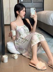 DAZY Vrouwen Bloemenprint Voorkant Strik V Hals Casual Losse Mouwloze Nachtjapon
