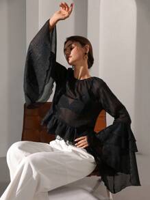 Aveloria Modichic Women's Autumn/Winter Bohemian Ruffled Glitter Chiffon Blouse - Black - View 6