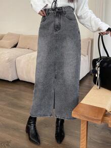 DAZY Women Casual Washed Denim Slit A-Line Skirt, Autumn/Winter Jeans Skirt