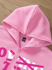 Manfinity EMRG Men's Front Zip Up Long Sleeve Letter Print Pocket Casual Hoodie, Pink