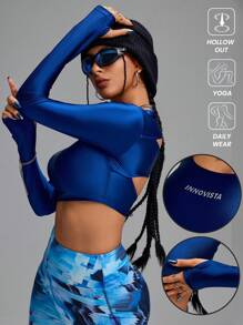 Innovista Oversized T-Shirt mit Buchstaben-Muster, Rundhalsausschnitt, Rückenausschnitt, Langarm, ultrakurz, Sportoberteil, Tennisshirt, Herbstmode, Alltagsmode, dehnbares, schlankes T-Shirt, blaues Oberteil für Damen Herbstoutfits, hellblau