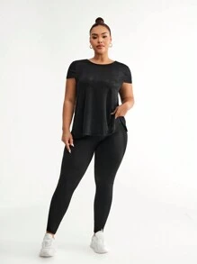 Gameset SHEIN Sport Women Plus Size Tracksuit 2 Pieces Set, Jacquard Cross Back Short Sleeve Pocket Mesh Splice Pants - Black - View 5