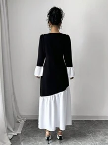 Elenzga 女式优雅拼色喇叭袖长裙，秋季 - 彩色 - 查看 2