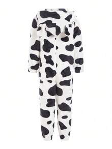 Pijama con capucha y pies de franela para niño, estampado de vaca en blanco y negro, conjuntos a juego para toda la familia (Mamá y yo, 4 piezas se venden por separado) - Blanco y Negro - Ver 2