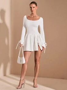 SHEIN BAE Váy dệt kim xẻ tà cao cổ vuông tay dài màu trắng trơn cho nữ, phù hợp mặc nhiều lớp vào mùa thu/đông, đi chơi, hẹn hò lãng mạn, tiệc tùng, ngày lễ và sinh nhật - trắng - Xem 2