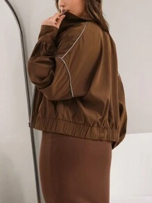 Seusyu Women's Spring And Autumn Drop Shoulder Long Sleeve Work Pocket Loose Casual Short Jacket - Brown - View 2