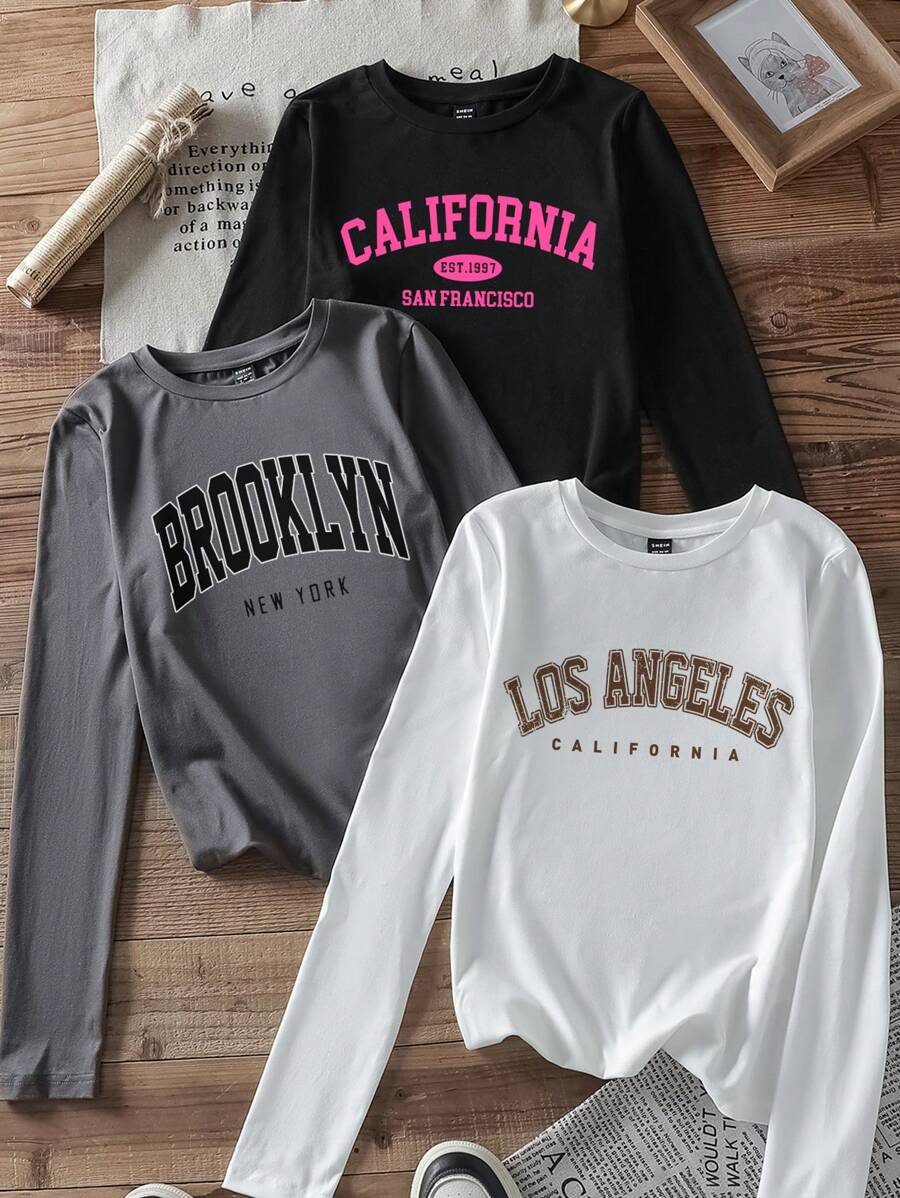 SHEIN EZwear 3 pièces/set t-shirt à manches longues à col rond imprimé de lettres ajusté et décontracté pour femmes, convient pour l'automne - Multicolore - Voir 1
