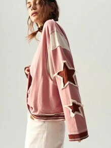 Bohemela Plus Size Women's Contrast Color Five-Point Star Patchwork Crew Neck Long Sleeve Sweatshirt Fall - Pink - View 2