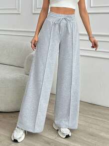 EURMUSE Women Solid Color High Waist Wide Leg Pants - Grey - View 4
