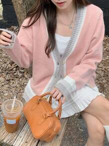 DAZY Áo khoác cardigan dệt kim rộng cổ chữ V phối màu cho nữ, đa năng, thời trang mùa thu - Hồng - Xem 6
