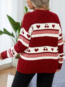 Calvaya Plus Size Women Heart Shape Print Crew Neck Long Sleeve Sweater - Red - View 2