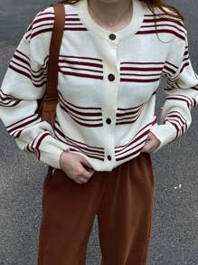 DAZY 1 Áo khoác cardigan cổ tròn tay dài kẻ sọc rộng cho nữ, Quần áo mùa thu cho nữ - trắng - Xem 6