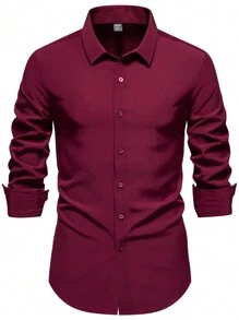 Calvornis 男士纯色前扣长袖休闲上衣，秋季 - 酒紅色 - 查看 5