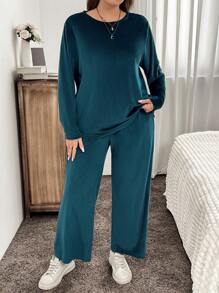 SHEIN LUNE Plus Size Casual Solid Color Ribbed Flannel Drop Shoulder Loose T-Shirt And Wide Leg Pants 2 Pieces Set, Autumn/Winter
