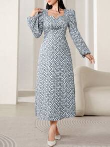 Modelyn Women Elegant Floral Jacquard Puff Sleeve Dress, Autumn Long Evening Dresses