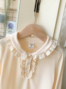 SHEIN Áo thun dài tay trơn màu dễ thương họa tiết bèo nhún cho bé gái, mùa thu - Màu be - Xem 5