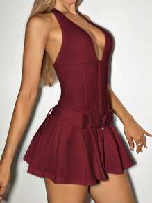 SHEIN ICON Women Deep V-Neck Metal Button Decorated Belted Wide Pleated Mini Dress,Sun Dress,Summer Dresses For Women - Burgundy - View 3