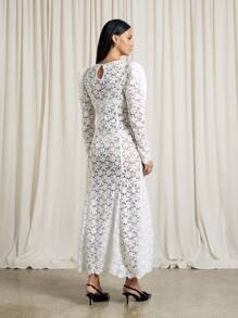 AiiRZ Sheer Lace Puffed Shoulder Long Sleeves Flare Hem Maxi Dress