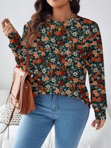 EMERY ROSE Plus Size Women Casual Allover Ditsy Floral Print Baggy Crew Neck Long Sleeve T-Shirt For Autumn & Winter