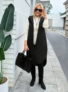 SHEIN LUNE 女士冬季连帽长款无袖休闲棉服外套 - 黑色 - 查看 3