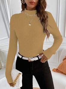 Chiquease Áo len cổ đứng dáng ôm màu trơn, kiểu dáng thường ngày, dành cho mùa thu/đông, có lớp lót giữ nhiệt. - Lạc đà - Xem 4